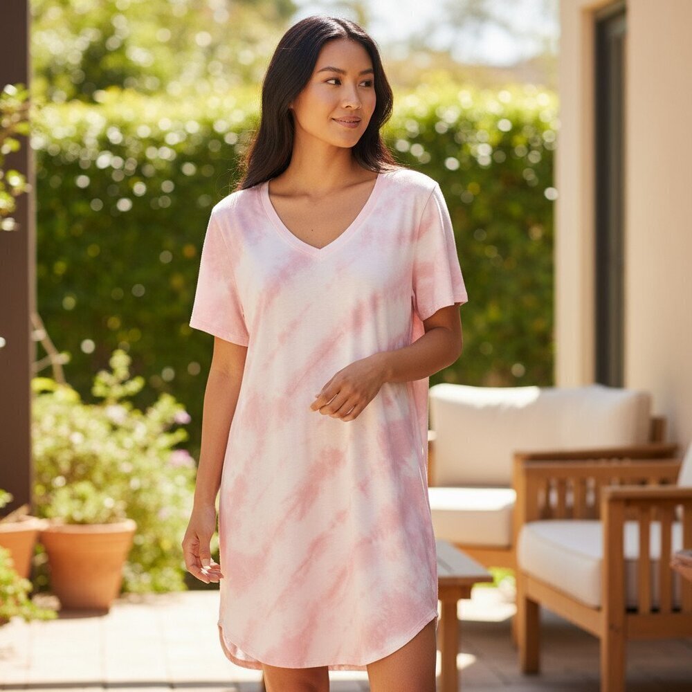 Anthropologie Cloth & Stone SZ M Pink Tie Dye Rayon Short Sleeve Shirt Dress